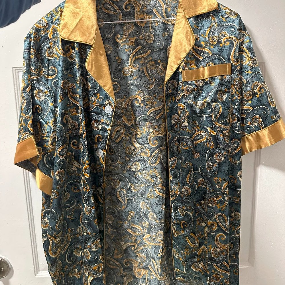 Womens Paisley Pajama Top Sleepwear Button Up Short Sleeve Nightwear Gold Blue